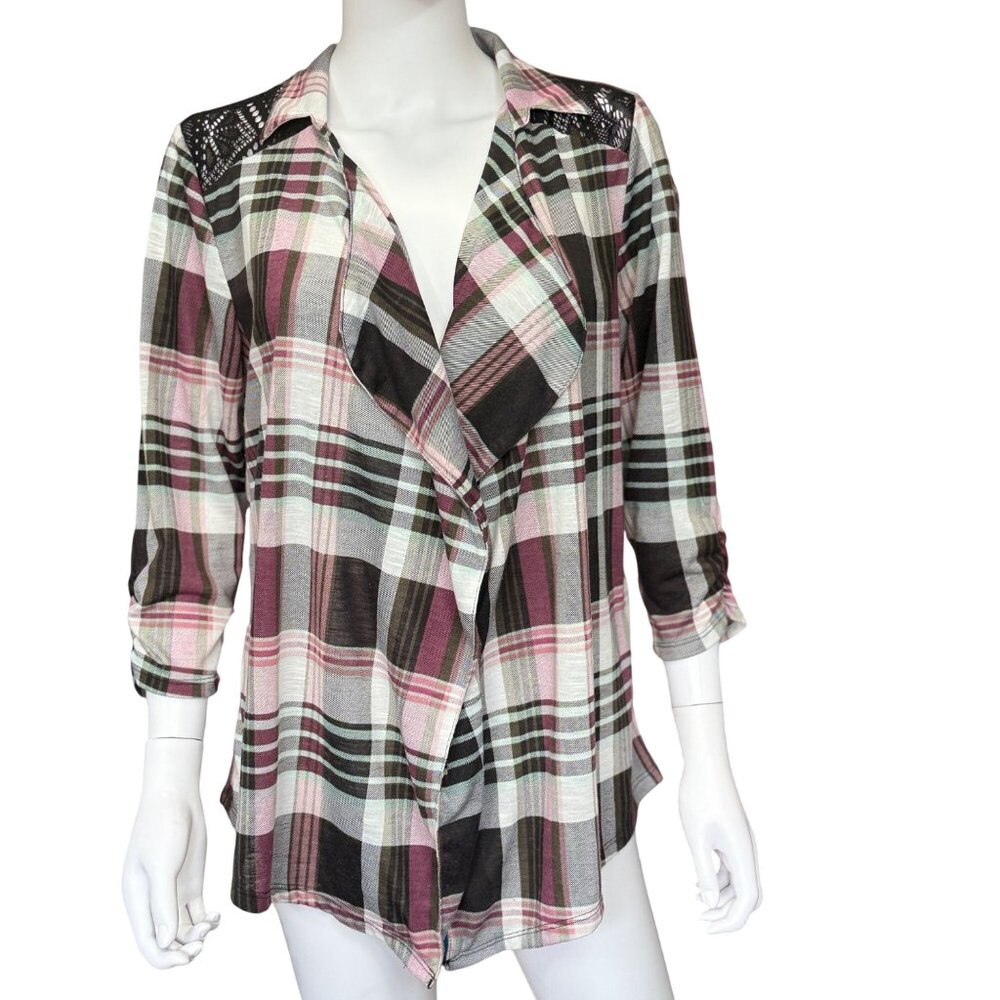 Self Esteem Red & Black Plaid Open Front Cardigan w/ Lace Shoulder Womens Sz XL